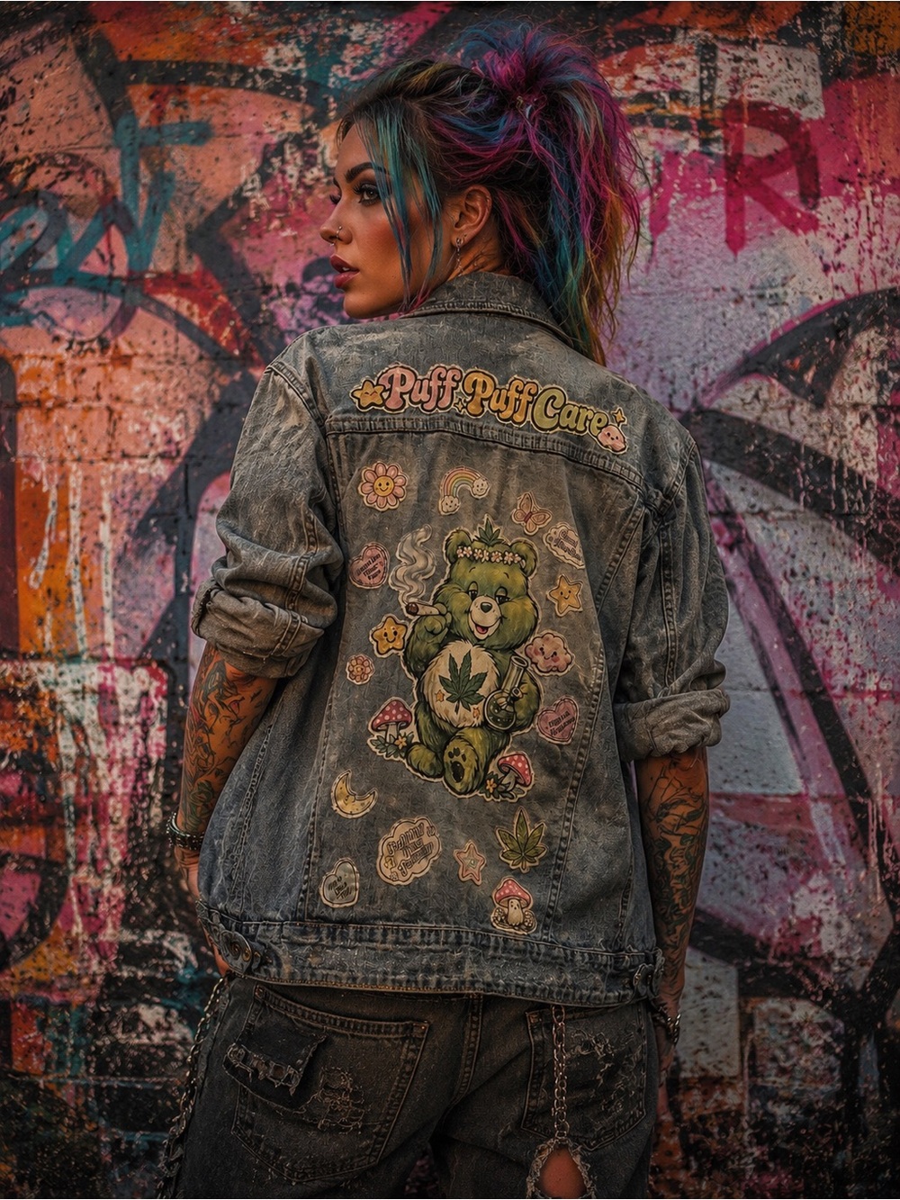 One of a kind Care Bear Stoner Denim Jacket Back Patch Design - Picture 2 of 4